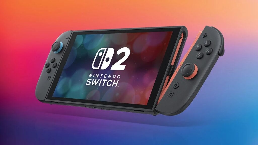 Un Nintendo Switch 2 con sfondo colorato