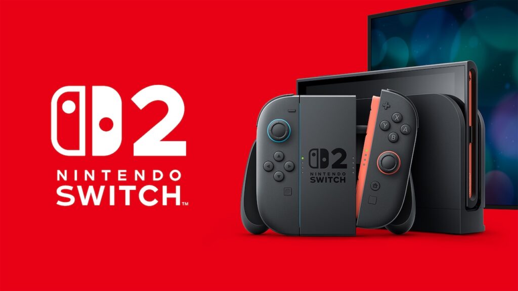 Un Nintendo Switch 2 con sfondo rosso