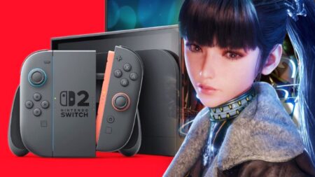 Eve di Stellar Blade con un Nintendo Switch 2 dietro