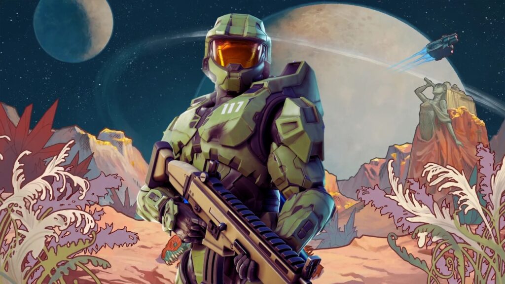 Master Chief di Halo con dietro lo sfondo di The Outer Worlds 2