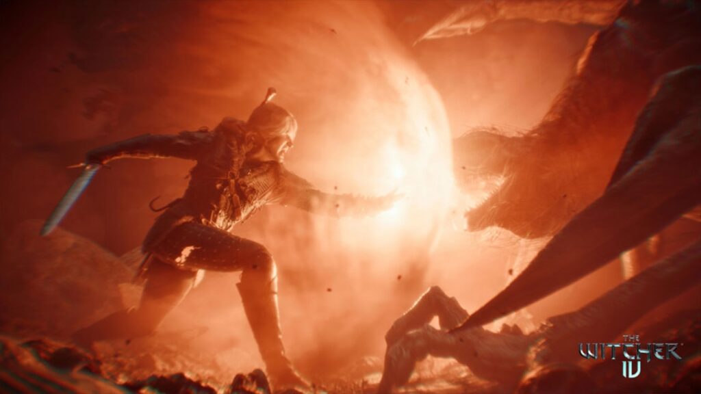 Ciri di The Witcher 4 mentre fa un attacco di fuoco