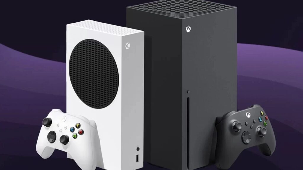 Una Xbox Series X|S con sfondo viola