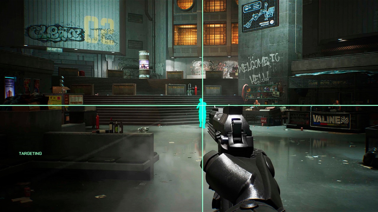Reticolo di mira di RoboCop punta a un mercenario