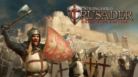 Cavaliere delle crociate in primo piano con un castello sullo sfondo, artwork di Stronghold Crusader: Definitive Edition