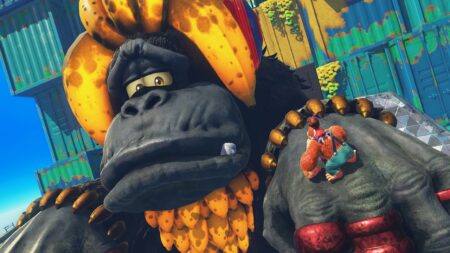Uno scimmione gigantesco di Donkey Kong Bananza con la faccia triste
