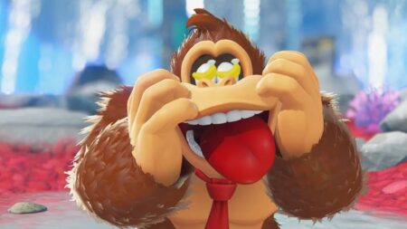 Donkey Kong di Donkey Kong Bananza con le banana negli occhi