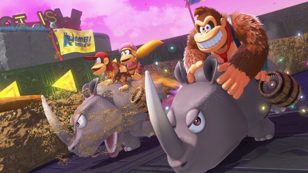 Donkey Kong su un rinoceronte in Donkey Kong Bananza
