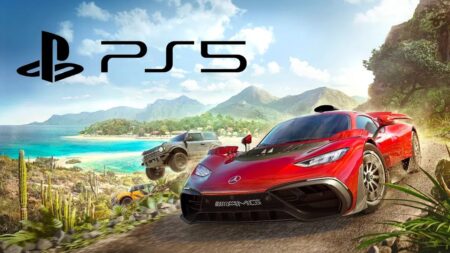 Il logo di PS5 con sulla strada delle macchine