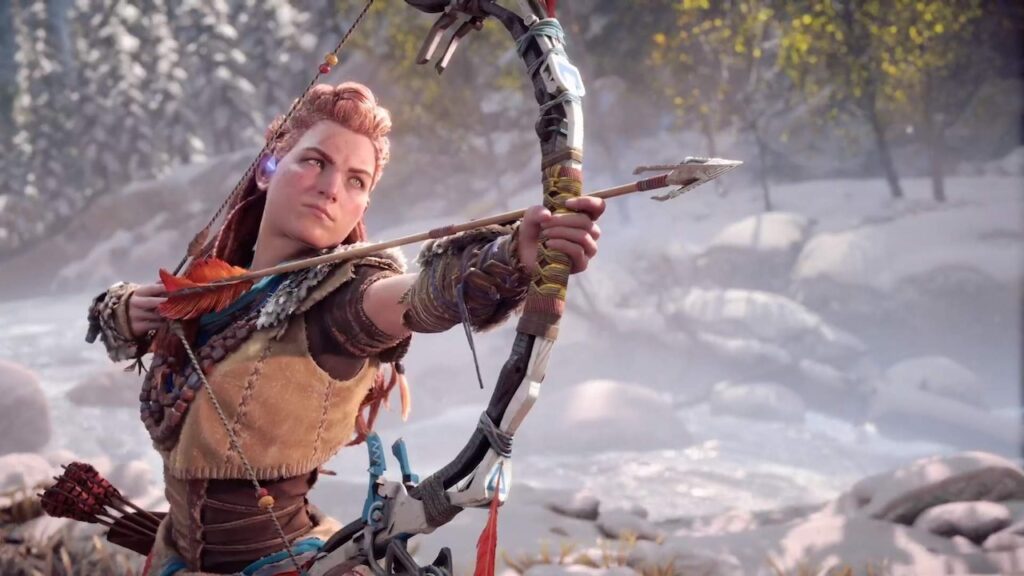 Aloy di Horizon Forbidden West mentre impugna l'arco