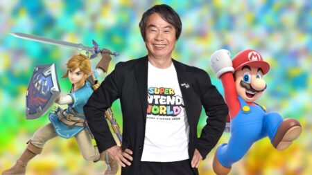 Shigeru Miyamoto con dietro Link di The Legend of Zelda e Super Mario