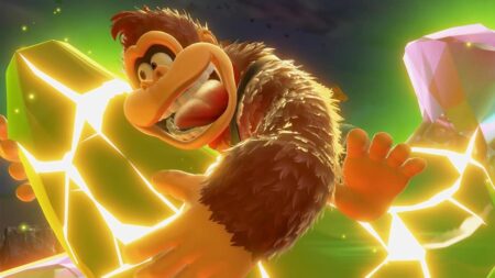 Donkey Kong di Donkey Kong Bananza su una banana