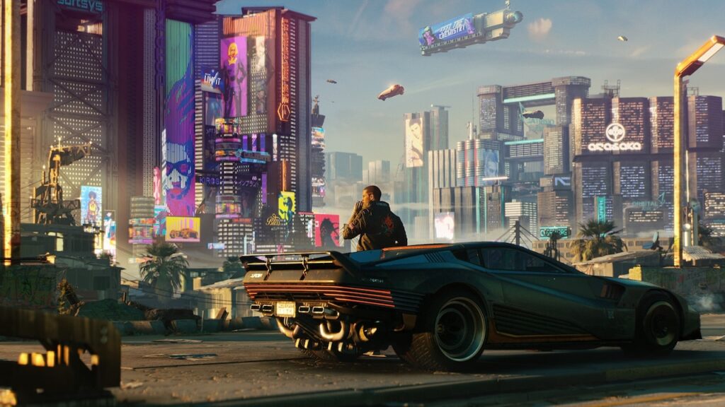 V di Cyberpunk 2077 con un'auto