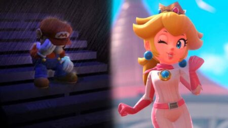 Super Mario triste e la principessa Peach sorridente