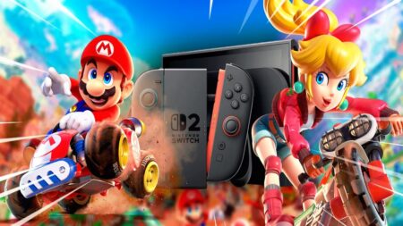 Super Mario e Beach di Mario Kart World con un Nintendo Switch 2 sullo sfondo