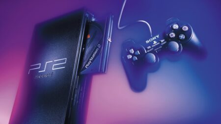 Una PS2 con lo sfondo viola