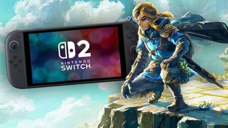 Link di The Legend of Zelda: Tears of the Kingdom con un Nintendo Switch 2 al fianco
