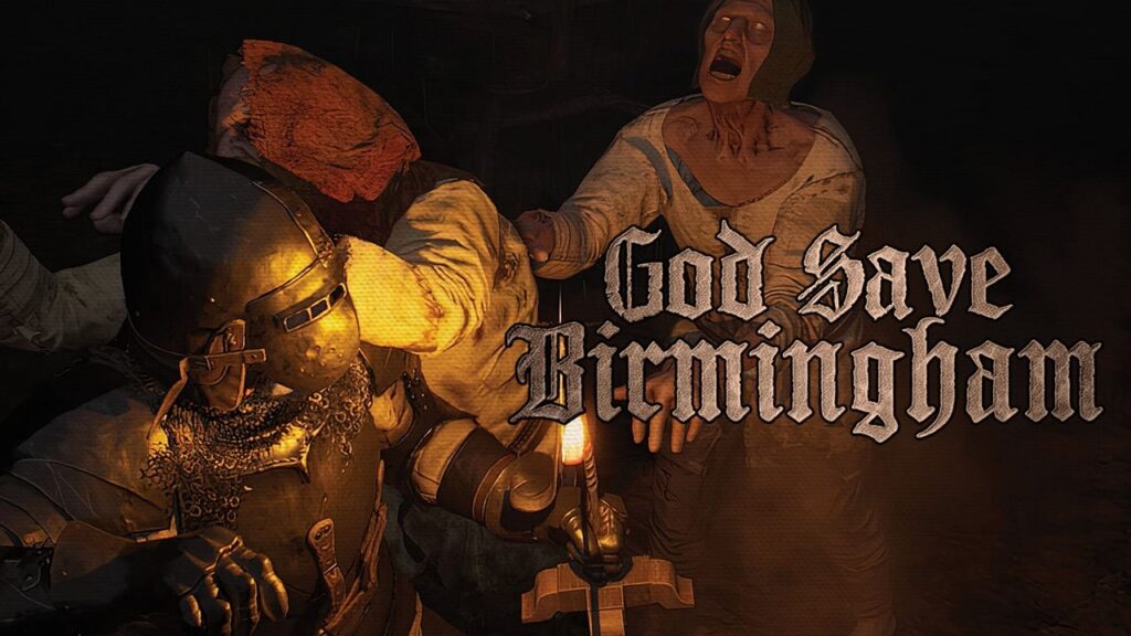 Copertina di God Save Birmingham, con zombie che attacca un cavaliere medievale