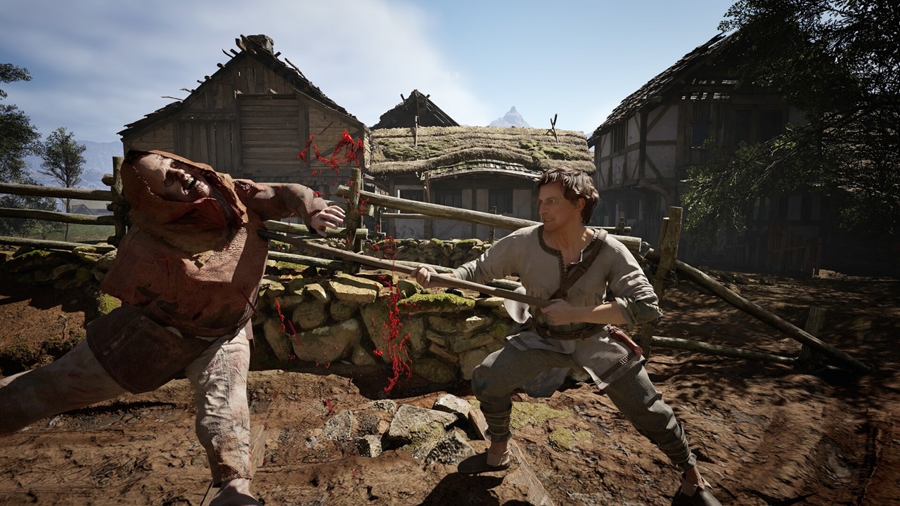 Combattimento in primo piano tra contadino e zombie nel medioevo