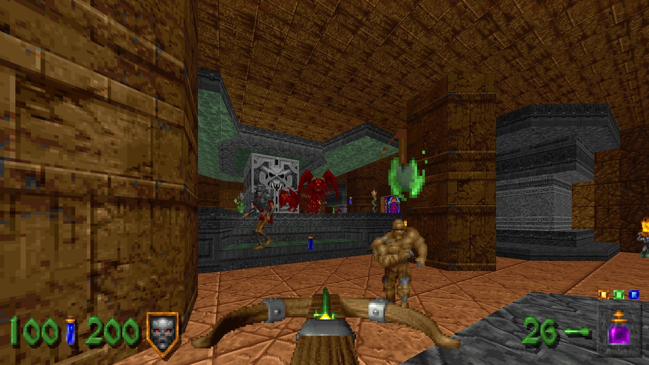 Gameplay di Heretic in Heretic + Hexen, con uomo dotato di balestra che combatte contro altri mostri