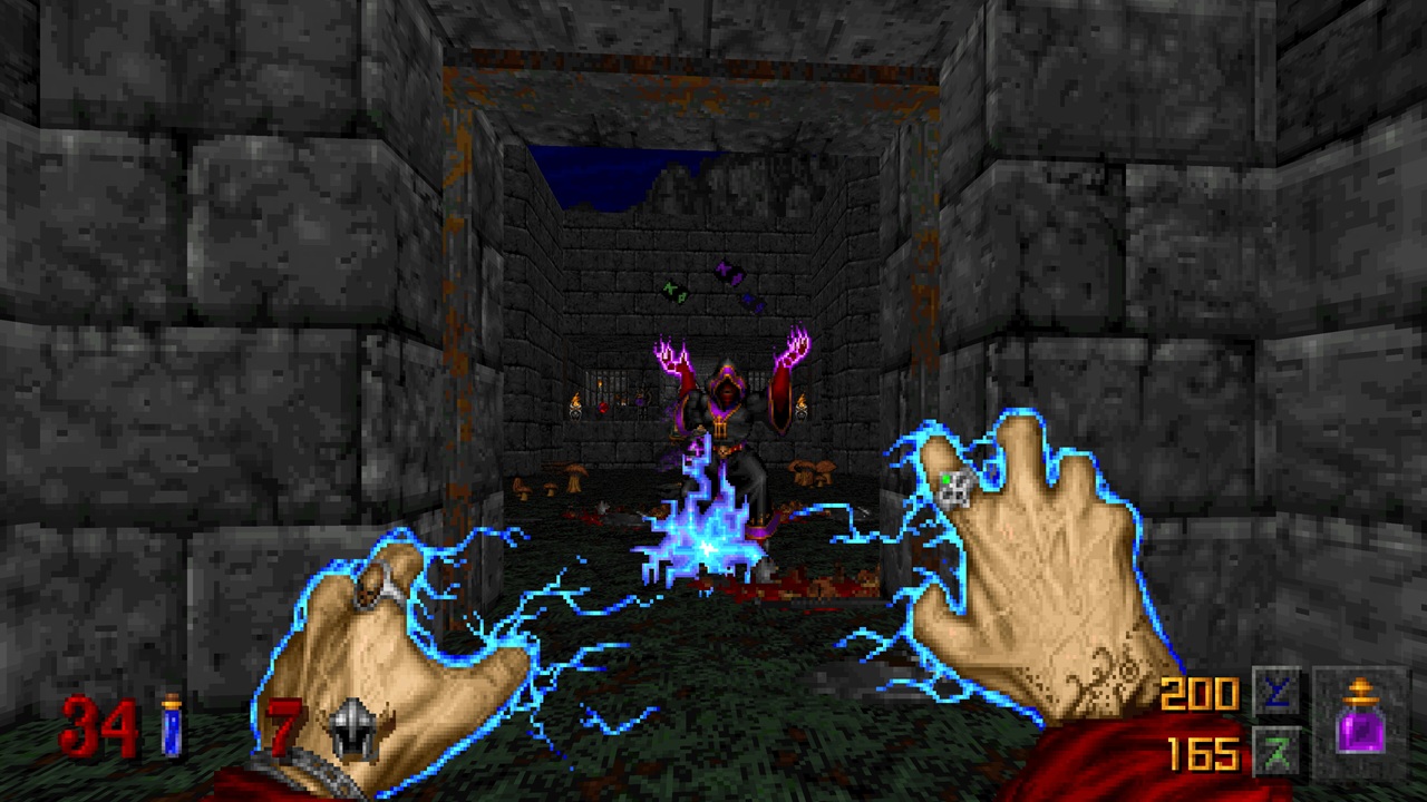 Gameplay di Hexen in Heretic + Hexen, con mago che lancia fulmini a un altro mago