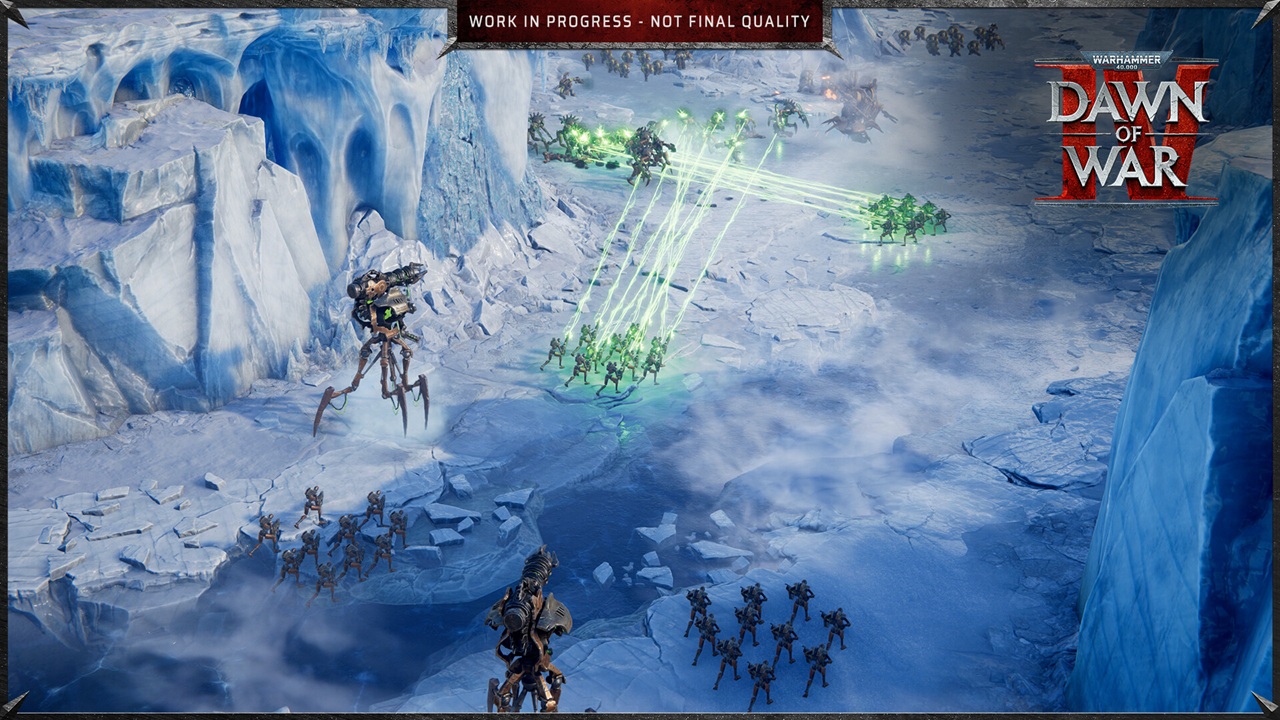 Visuale panoramica di un combattimento dei Necrons in Dawn of War 4 sui ghiacci