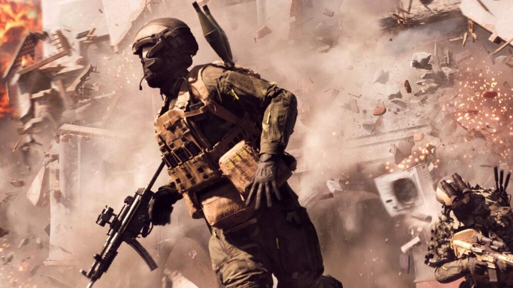 Un soldato di Battlefield 6 con un palazzo in frantumi