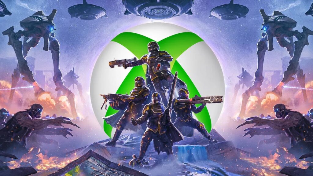 I personaggi di Helldivers 2 con dietro un logo Xbox