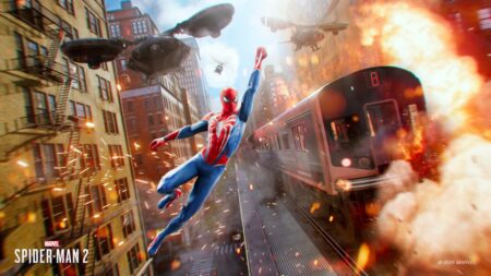 Peter Parker di Marvel's Spider-Man 2 mentre dietro esplode un treno