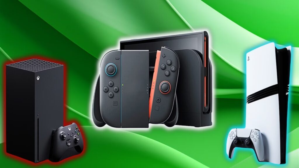 Una Xbox Series X ed una PS5 Pro con al fianco un Nintendo Switch 2
