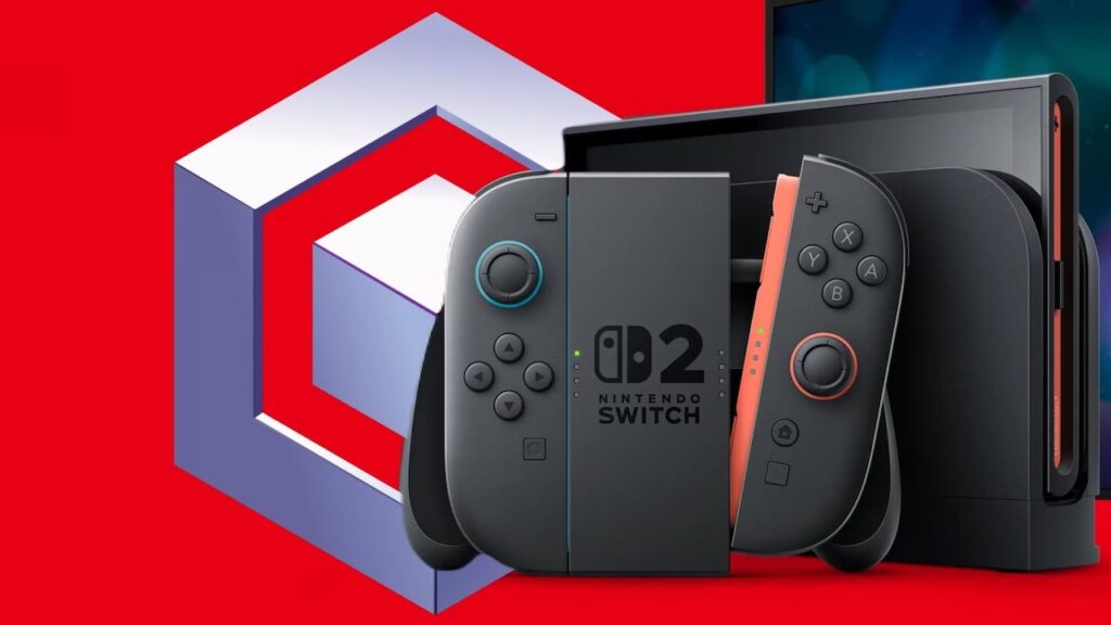 Il logo del GameCube con un Nintendo Switch 2 al fianco