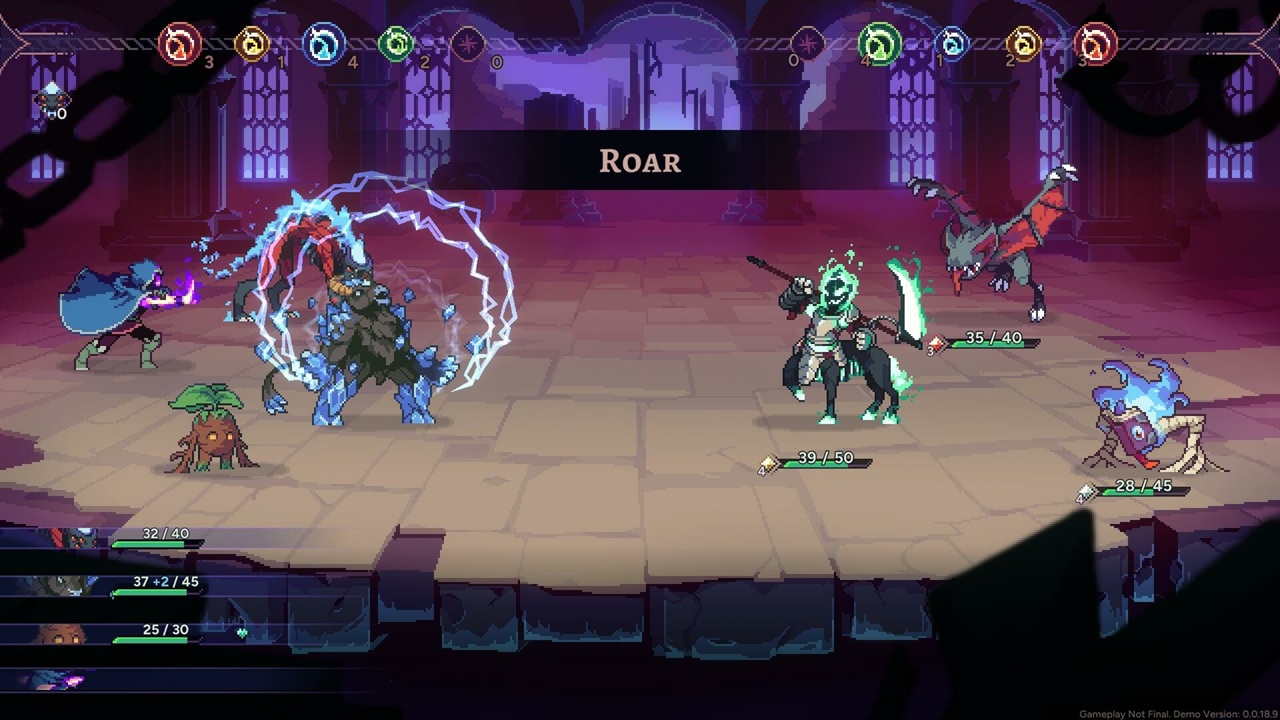 Schermata di combattimento di Aethermancer con tre mostri che lottano contro altre tre creature