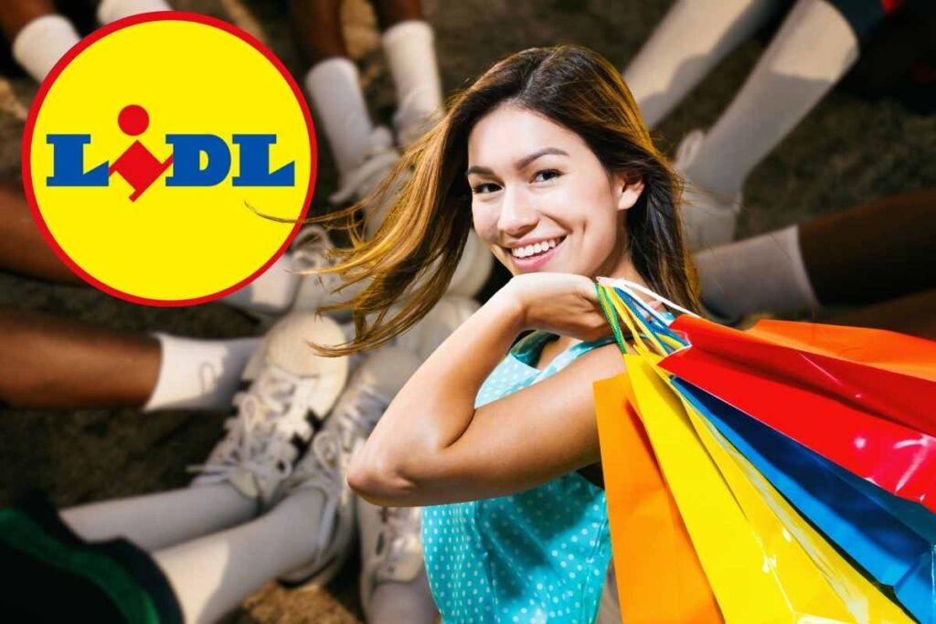 Sfondo scarpe in cerchio, donna con delle buste colorate e logo lIDL