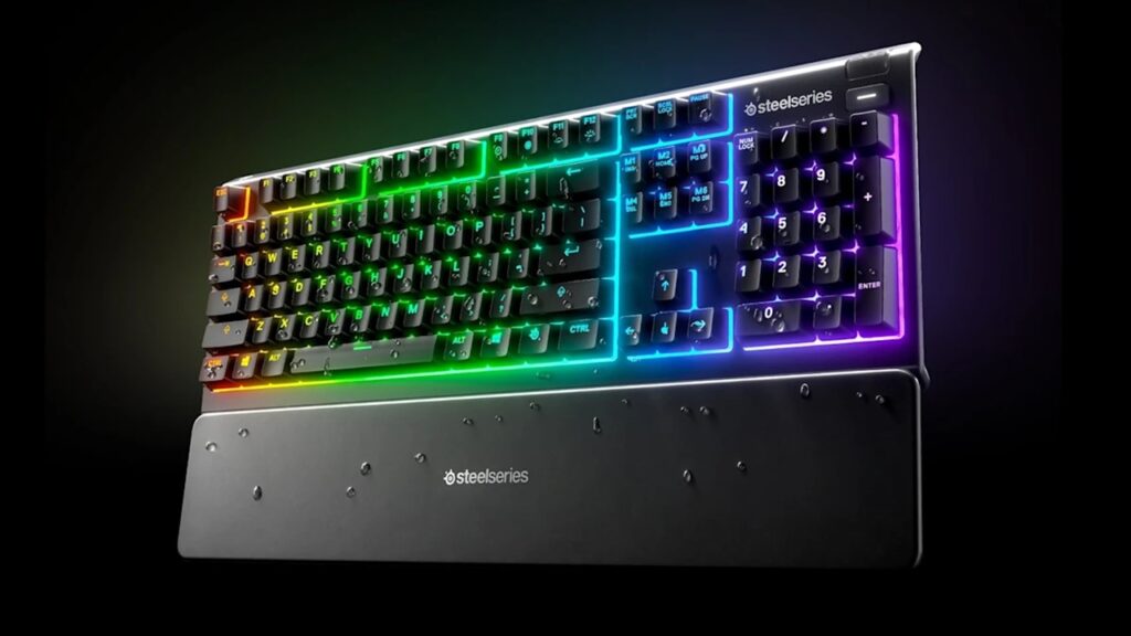 Foto di tre quarti della tastiera da gaming SteelSeries Apex 3