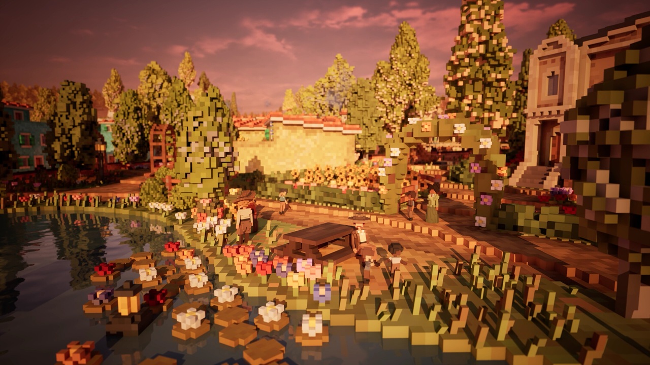 Panoramica di un paesaggio cittadino in voxel art 