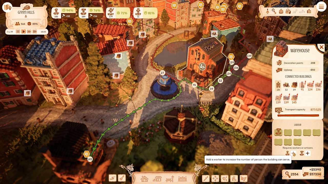 Visuale dall'alto di una città in Town To City, con interfaccia di gestione dei depositi di risorse