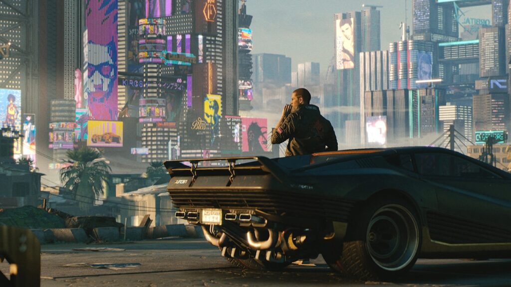 V di Cyberpunk 2077 vicino ad una macchina
