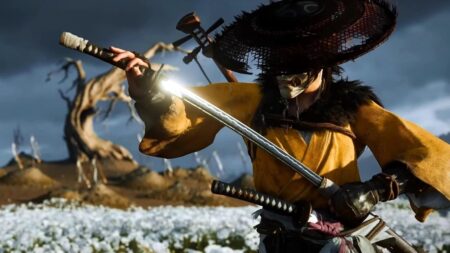 Atsu di Ghost of Yotei con la doppia katana