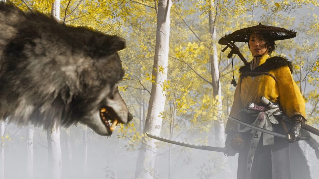 Atsu di Ghost of Yotei con davanti una lupa