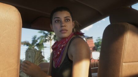 Lucia di GTA 6 in auto con un'espressione stupita