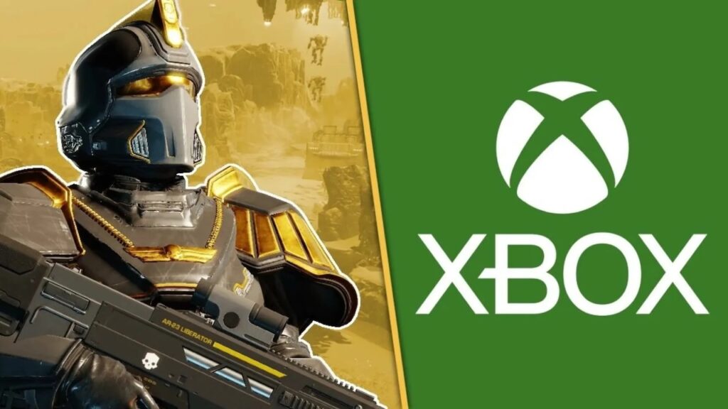 Un soldato di Helldivers 2 con al fianco il logo di Xbox