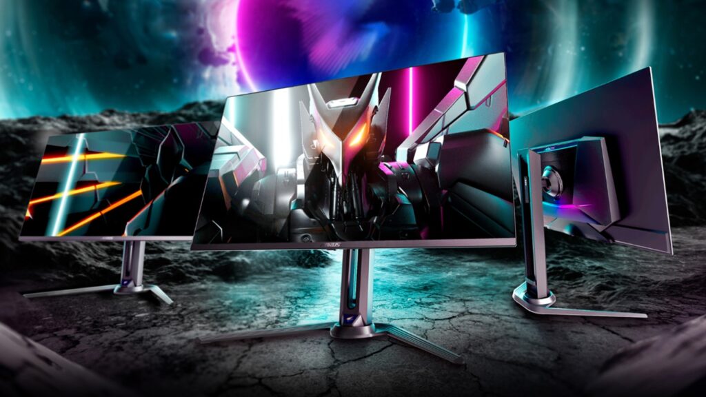 Fotografia da più punti di vista del monitor GIGABYTE AORUS FO27Q5P