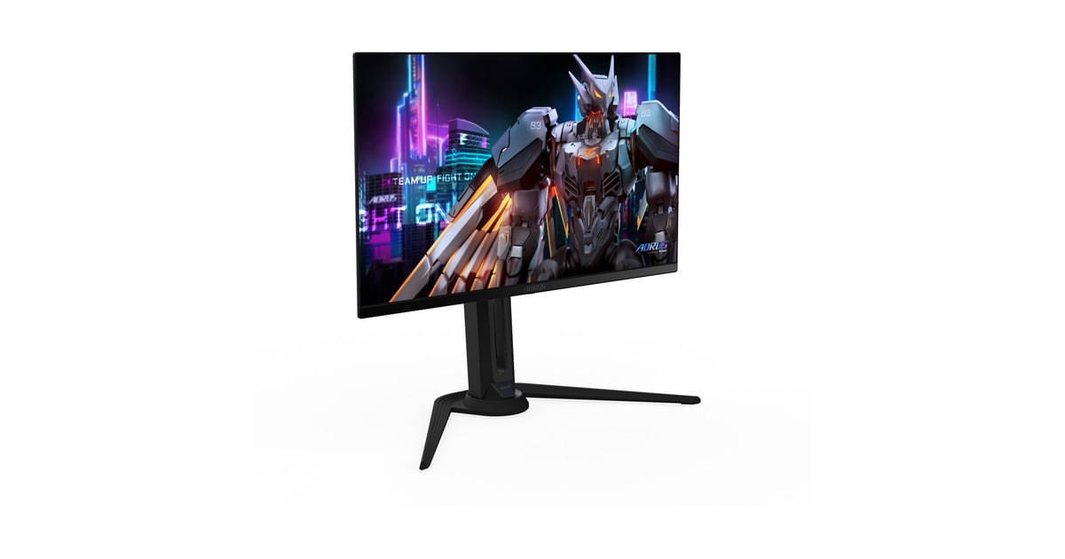Monitor GIGABYTE visto di tre quarti con videogioco a schermo