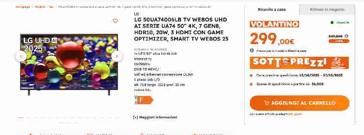 LG Smart TV 50 pollici a 299 euro