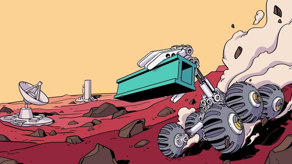 Illustrazione di un rover di Mars First Logistics mentre trasporta una trave
