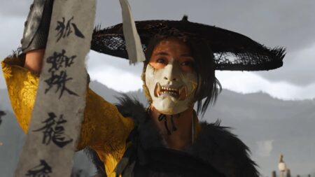 Atsu di Ghost of Yotei con la fascia in mano