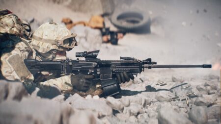 Battlefield 6, come sbloccare tutte le armi disponibili nel gioco Un soldato di Battlefield 6 con un'arma in mano