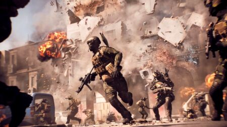 Alcuni soldati di Battlefield 6 che scappano mentre crolla un palazzo