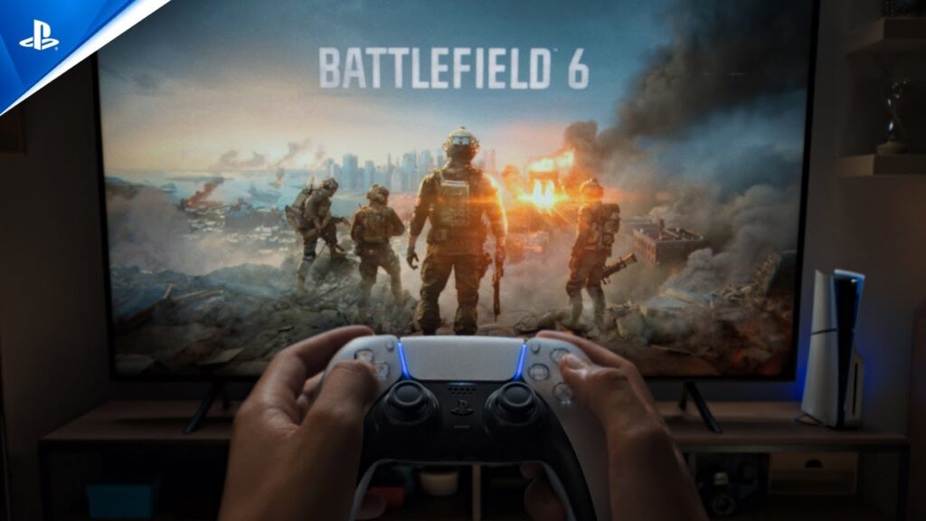 Un DualSense con uno schermo con i personaggi di Battlefield 6