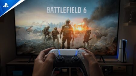 Un DualSense con uno schermo con i personaggi di Battlefield 6