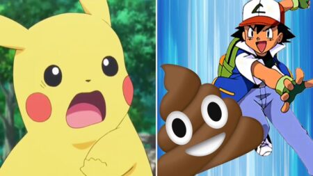 Un Pikachu con espressione sorpresa mentre Ash gli lancia una cacca